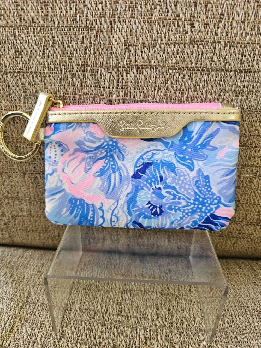 NWT Lilly Pulitzer Floral ID Case Coin Purse Keychain Blue Pink